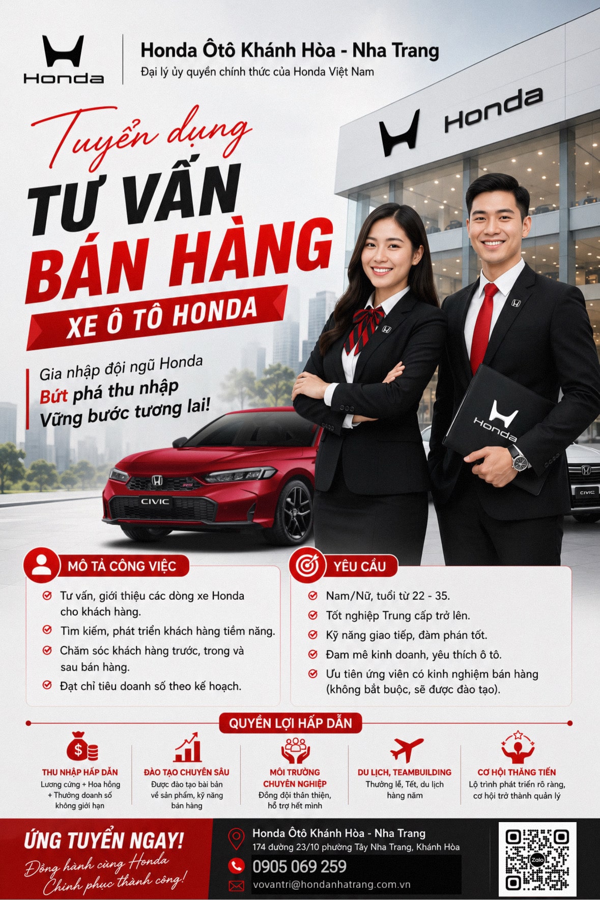 TUYỂN DỤNG TƯ VẤN BÁN HÀNG XE Ô TÔ HONDA TẠI NHA TRANG - KHÁNH HÒA | Hotline 0905 069 259